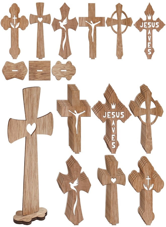 Yuntau 24 Pcs Wooden Crosses Baptism Crafts Centerpieces for Tables Wood Catholic Standing Cross with Bases for Communion Decor Home Tables Decoration Gift, 6 Styles, 6.7 x 4.3 Inch (Brown) - Image 1